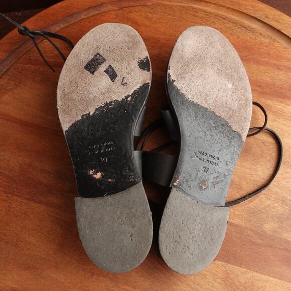 Club Monaco Sandals WMS SZ EU 37 US 6.5 BLK Leather Ankle Wrap Flat Boho Shoes - Picture 11 of 14